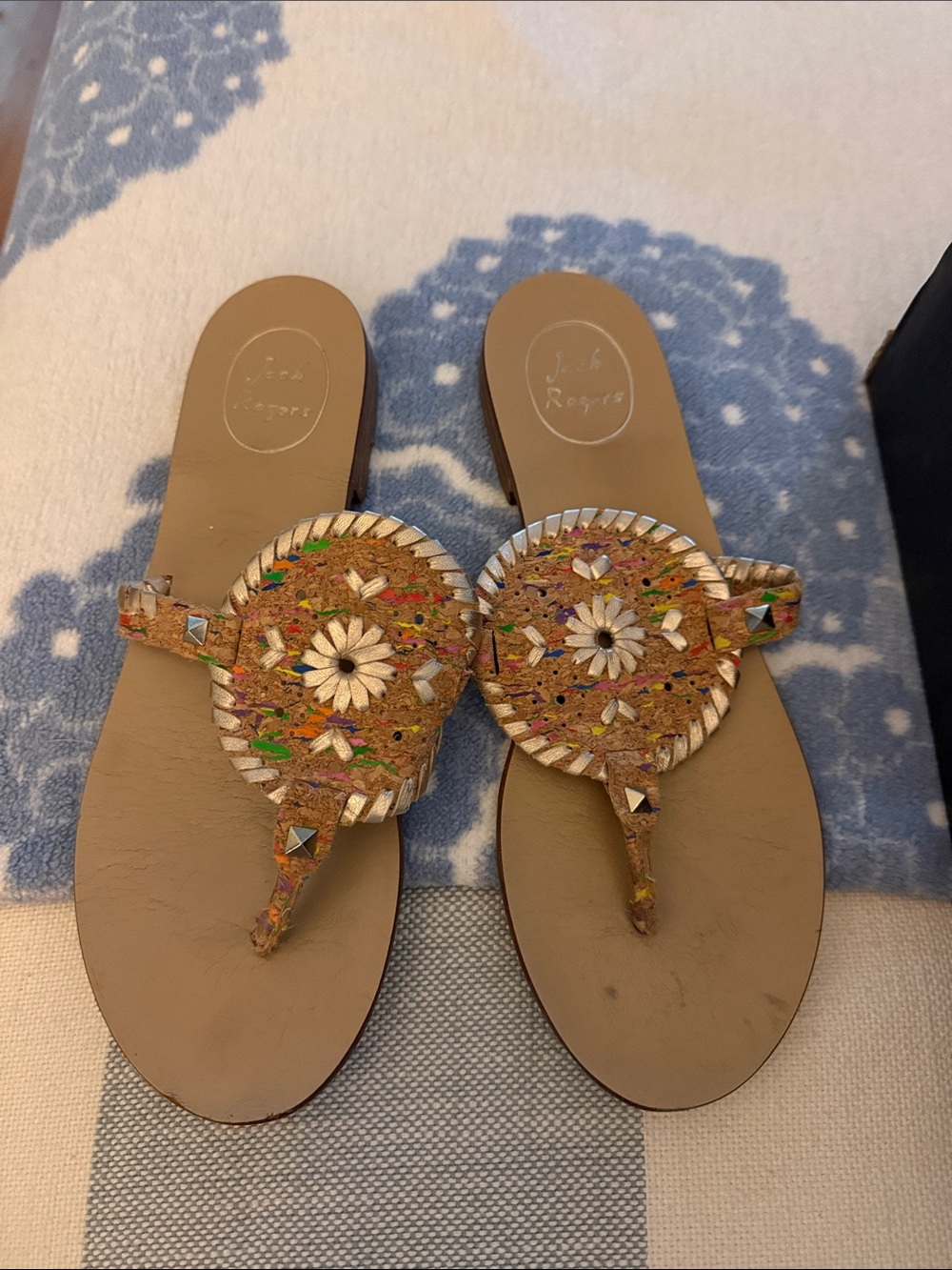 Jack Rogers Multicolor Embellished Tan Thong Sandals